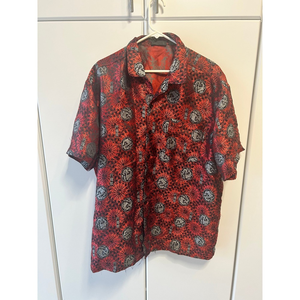 Coda‎ Mens XL Red Black Dragon Jacquard Short Sleeve Button Down Shirt Y2K Silk